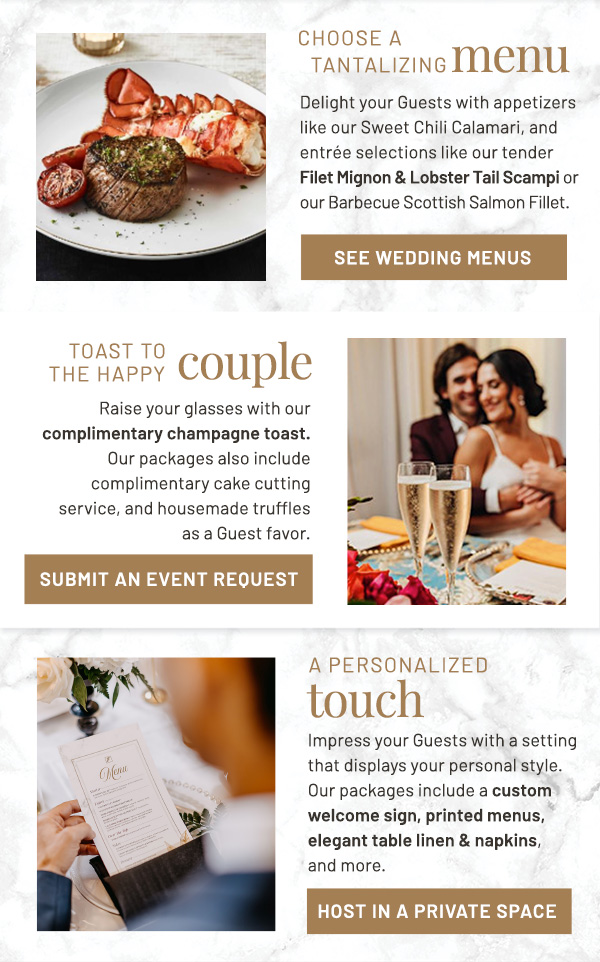 Choose a tantalizing menu, toast to the happy couple, and/or get a personalized touch.
