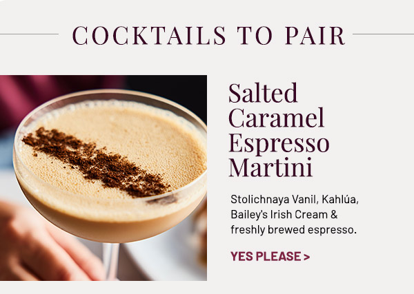 Salted Caramel Espresso Martini. Stolichnaya Vanil, Kahlúa, Bailey's Irish Cream & freshly brewed espresso.