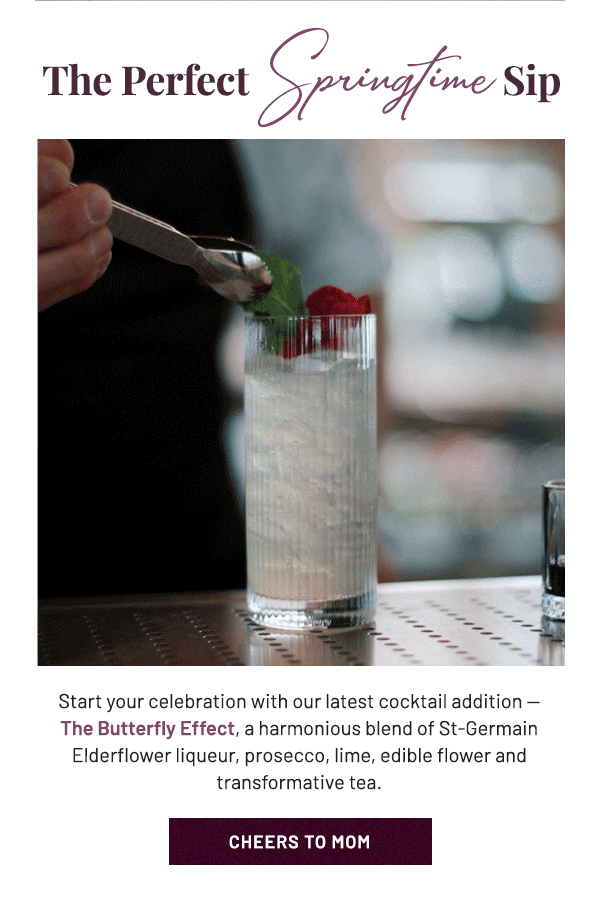 Start your celebration with our latest cocktail addition — The Butterfly Effect, a harmonious blend of St-Germain Elderflower liqueur, prosecco, lime, edible flower and transformative tea.