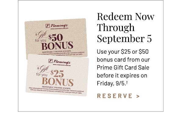 Use your $25 or $50 bonus card from our Prime Gift Card Sale before it expires on Friday, 9/5.†