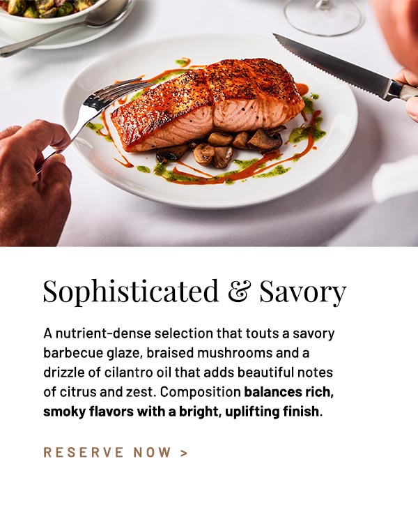 A nutrient-dense selection that touts a savory barbecue glaze, braised mushrooms and a drizzle of cilantro oil that adds beautiful notes of citrus and zest. Composition balances rich, smoky flavors with a bright, uplifting finish.