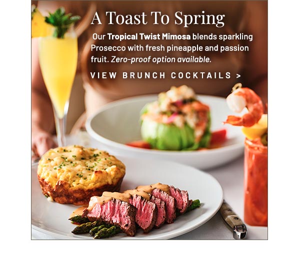  Our Tropical Twist Mimosa blends sparkling Prosecco with fresh pineapple and passion fruit. Zero-proof option available.